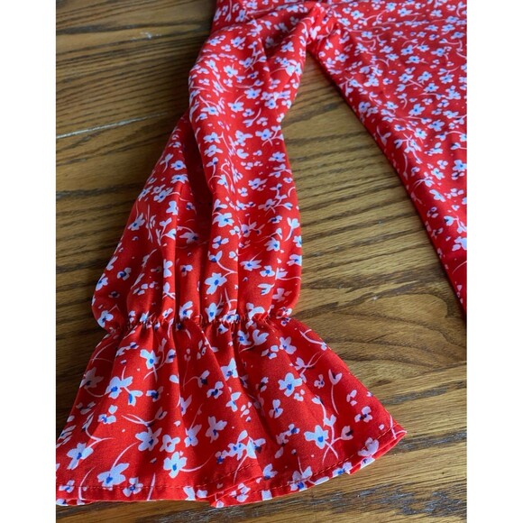 SHEIN Blouse Size Small Red Floral Ruffle Neck & Wrist Tie Neck Silky Top Dressy - Picture 5 of 11